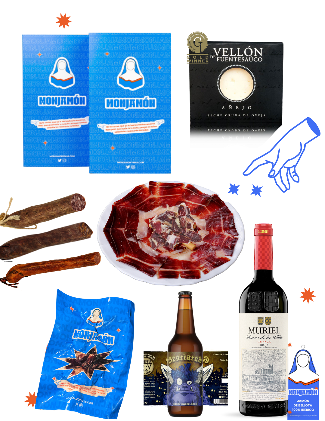 (Pack Ahorro Completo 15%) - Jamón 100% Ibérico + Embutido + Cerveza + Vino Reserva + Queso