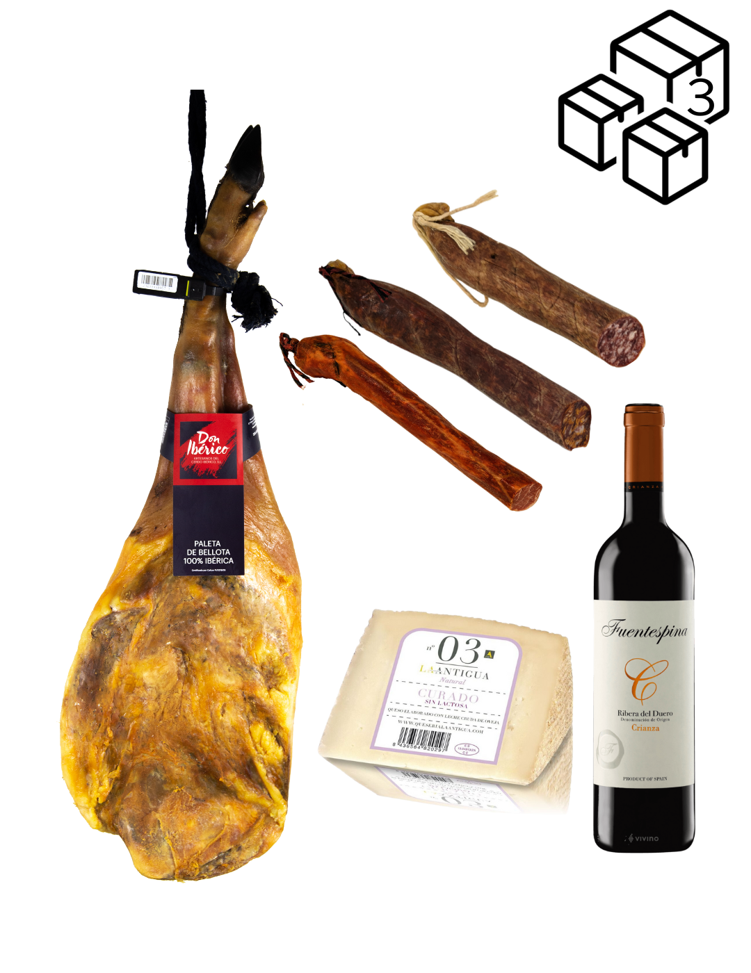 (CESTA TOP VENTAS) -  [Paleta de Bellota 100% Ibérica] PREMIUM 2 Montaneras Loncheada a cuchillo con 3 Mitades de Embutido , queso de oveja curado sin lactosa y vino crianza