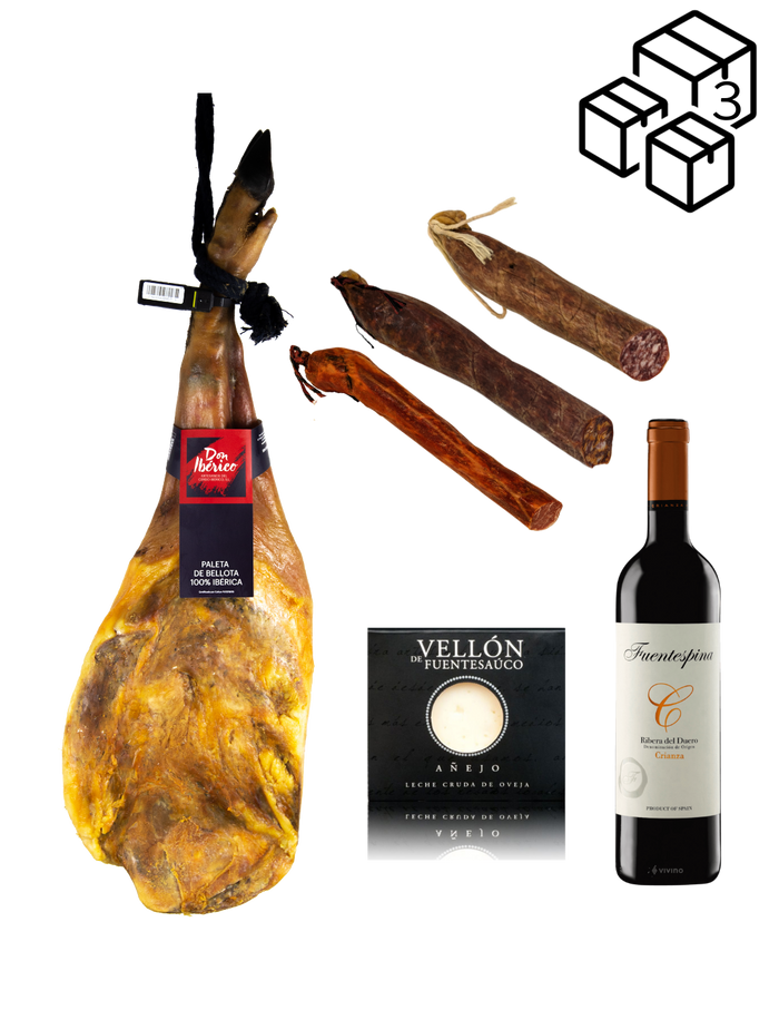 (CESTA TOP VENTAS) -   [Paleta de Bellota 100% Ibérica ] PREMIUM 2 Montaneras con 3 Mitades de Embutido , queso de oveja añejo y vino crianza